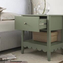 Henley Scalloped Edge Bedside Table With Drawer, Sage Green -Daals Store BSD 160 SAGE scene2