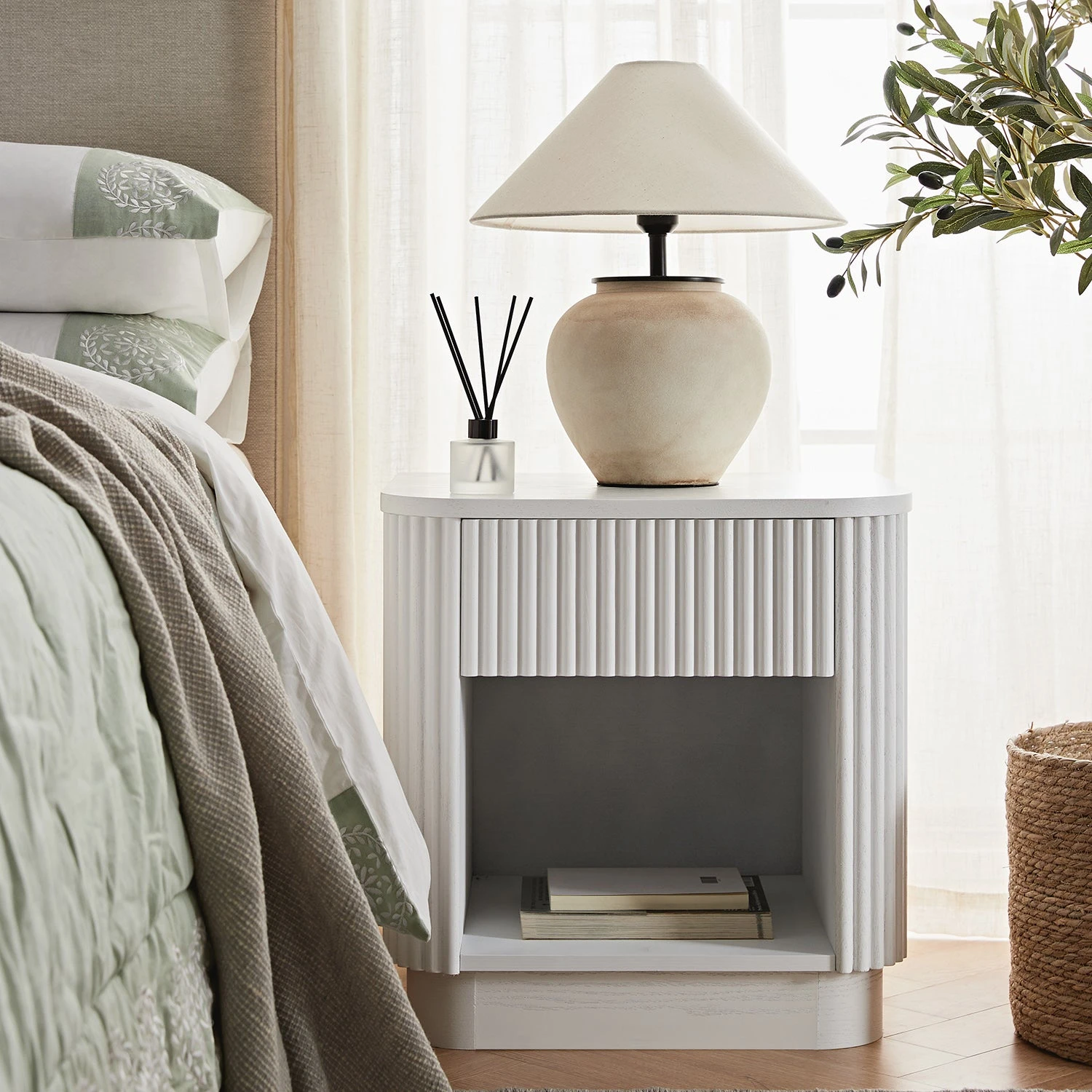 Maru 1-Drawer Bedside Table, Washed White 1 Maru 1-Drawer Bedside Table, Washed White