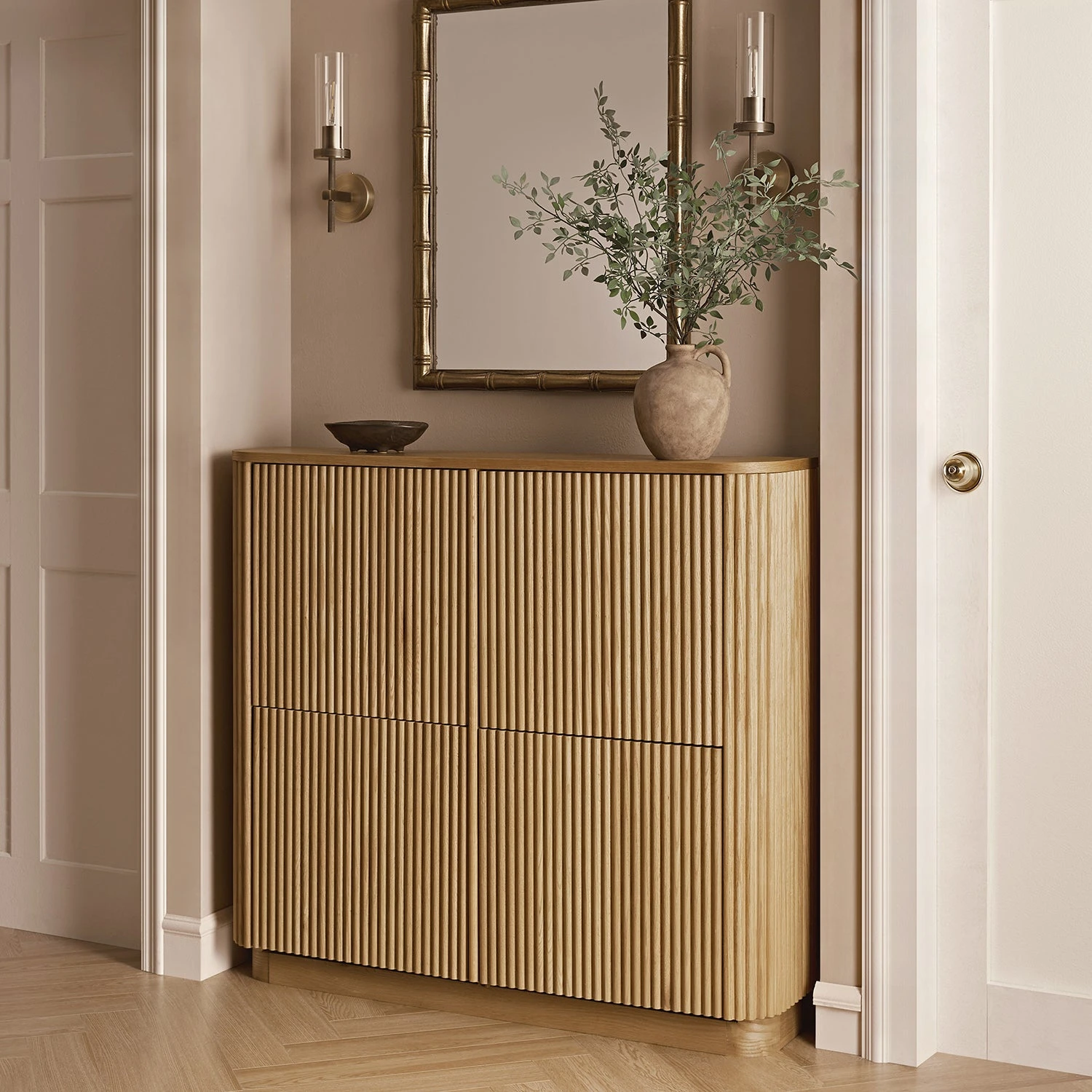 Maru 4-Door Shoe Storage Cabinet, Oak 1 Maru 4-Door Shoe Storage Cabinet, Oak