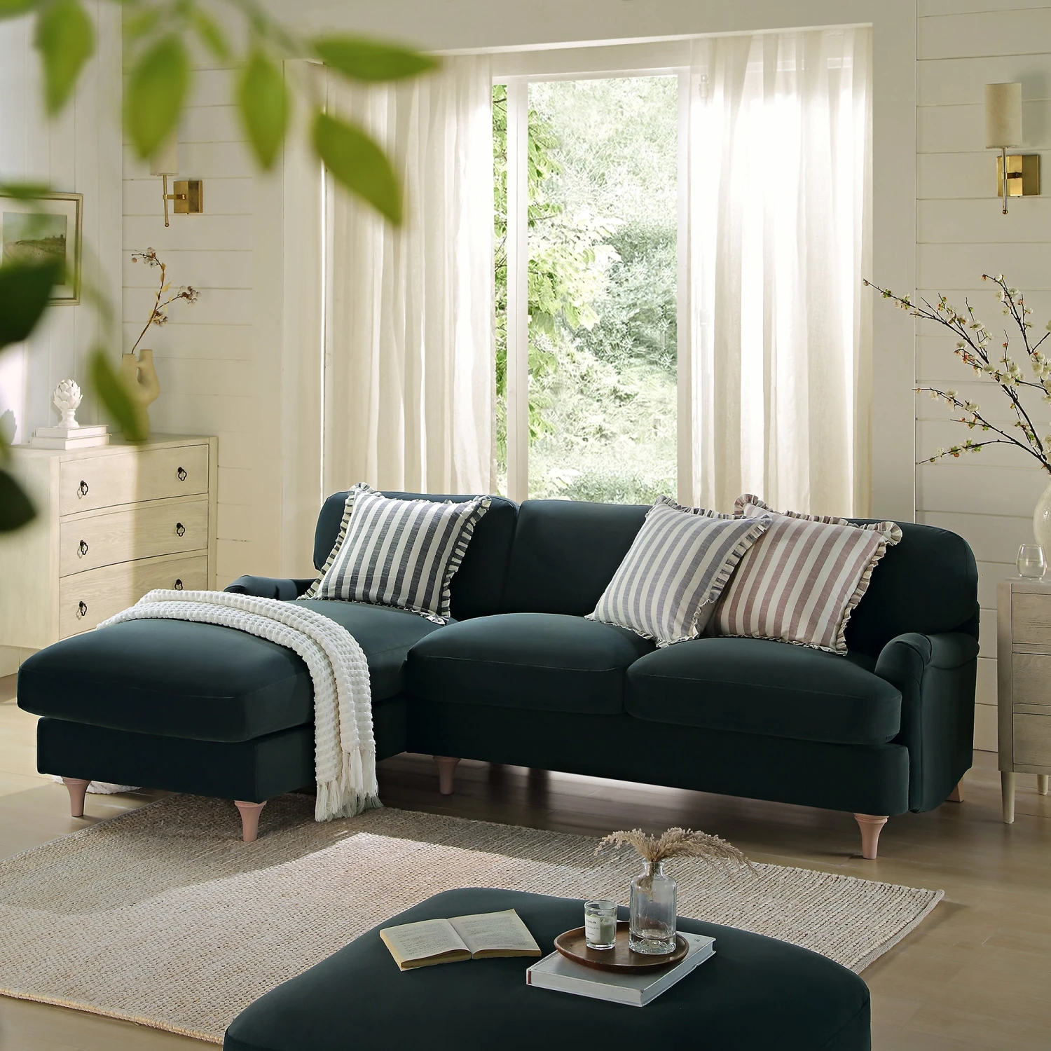 Daphnis Aegean Blue Velvet Sofa, Grande Chaise Sofa Left Hand Facing 1 Daphnis Aegean Blue Velvet Sofa, Grande Chaise Sofa Left Hand Facing