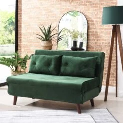 ALGO 2-Seater Small Double Folding Sofa Bed With Cushion Pine Green Velvet