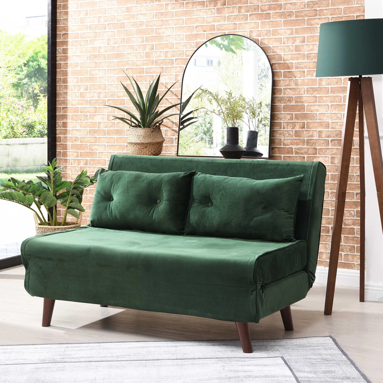 ALGO 2-Seater Small Double Folding Sofa Bed With Cushion Pine Green Velvet 1 ALGO 2-Seater Small Double Folding Sofa Bed With Cushion Pine Green Velvet