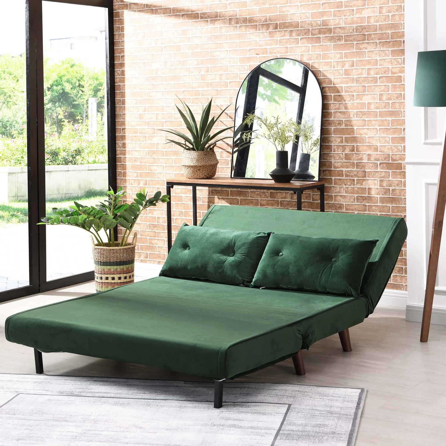 ALGO 2-Seater Small Double Folding Sofa Bed With Cushion Pine Green Velvet 4 ALGO 2-Seater Small Double Folding Sofa Bed With Cushion Pine Green Velvet - Image 4
