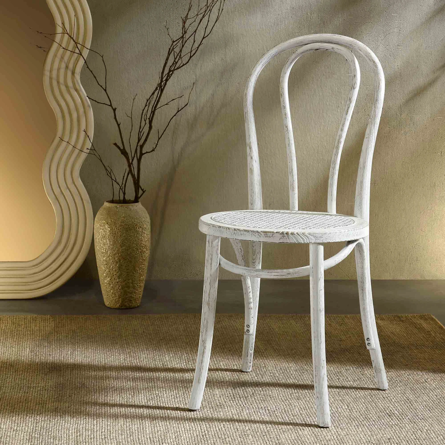 Camille Elm Wood And Rattan Bentwood Dining Chair, Distressed White 1 Camille Elm Wood And Rattan Bentwood Dining Chair, Distressed White