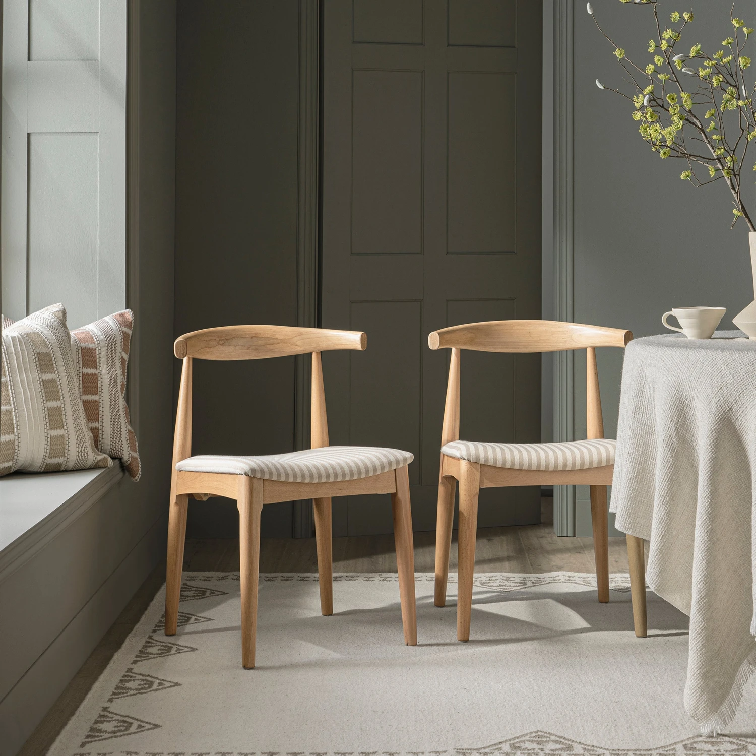 Arley Set Of 2 Beech Wood Dining Chairs, Natural And Light Taupe Striped 1 Arley Set Of 2 Beech Wood Dining Chairs, Natural And Light Taupe Striped