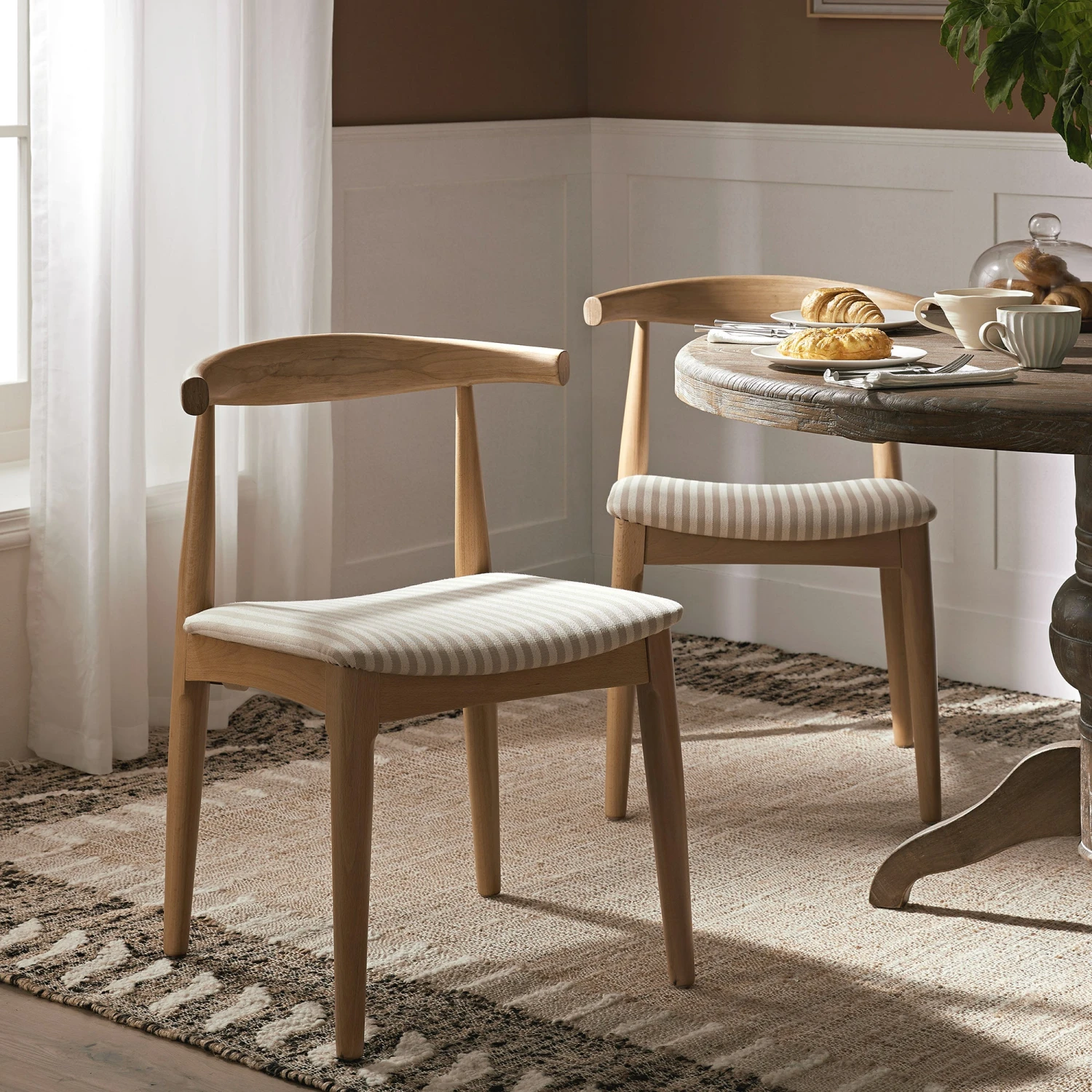 Arley Set Of 2 Beech Wood Dining Chairs, Natural And Light Taupe Striped 2 Arley Set Of 2 Beech Wood Dining Chairs, Natural And Light Taupe Striped - Image 2