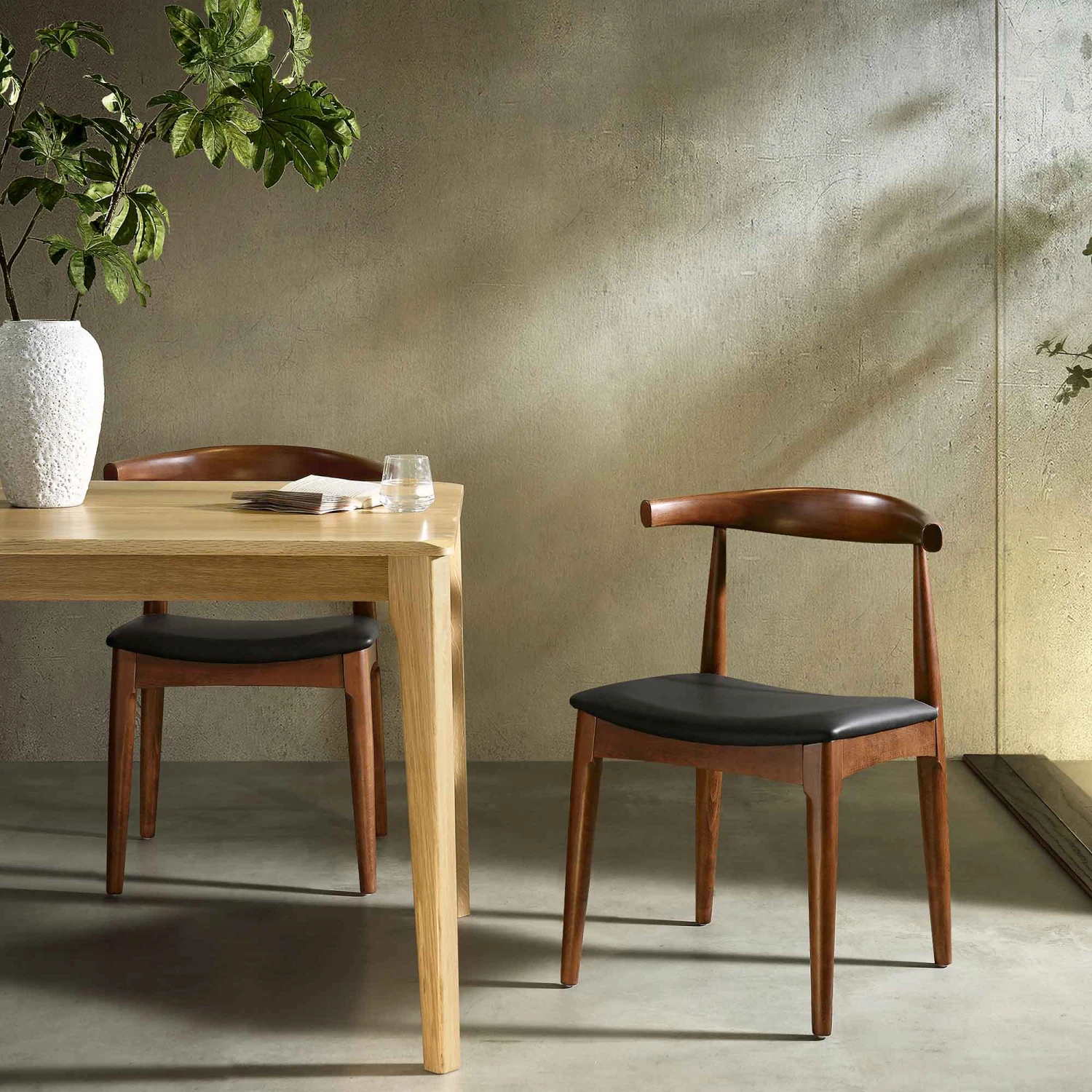 Arley Set of 2 Walnut Beech Wood Dining Chairs with Black PU Leather β Scandi Curved Backrest 2 Arley Set of 2 Walnut Beech Wood Dining Chairs with Black PU Leather β Scandi Curved Backrest - Image 2