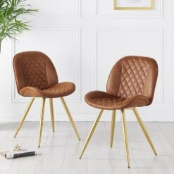 Set Of 2 Cosford Diamond Stitch Dining Chairs (Vintage Tan Leather Effect Fabric)