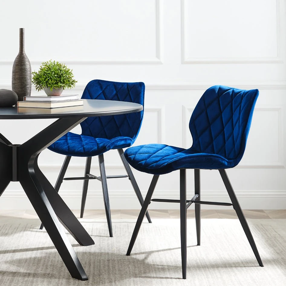 Set Of 2 Ampney Velvet Diamond Stitch Dining Chairs With Metal Legs (Blue Velvet) 1 Set Of 2 Ampney Velvet Diamond Stitch Dining Chairs With Metal Legs (Blue Velvet)