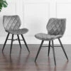 Ampney Light Grey Velvet Dining Chairs Set of 2 – Diamond Stitched with Black Metal Legs