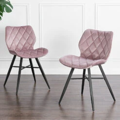 Set Of 2 Ampney Velvet Diamond Stitch Dining Chairs With Metal Legs (Dusty Pink Velvet)