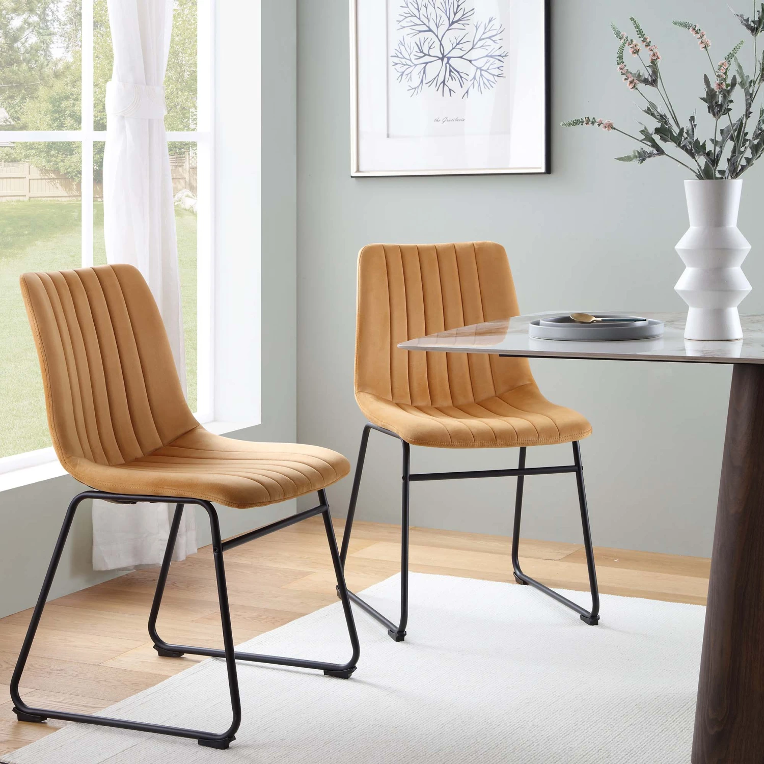 Sutton Set Of 2 Mustard Yellow Velvet Fabric Fluted Dining Chairs With Metal Frame 1 Sutton Set Of 2 Mustard Yellow Velvet Fabric Fluted Dining Chairs With Metal Frame