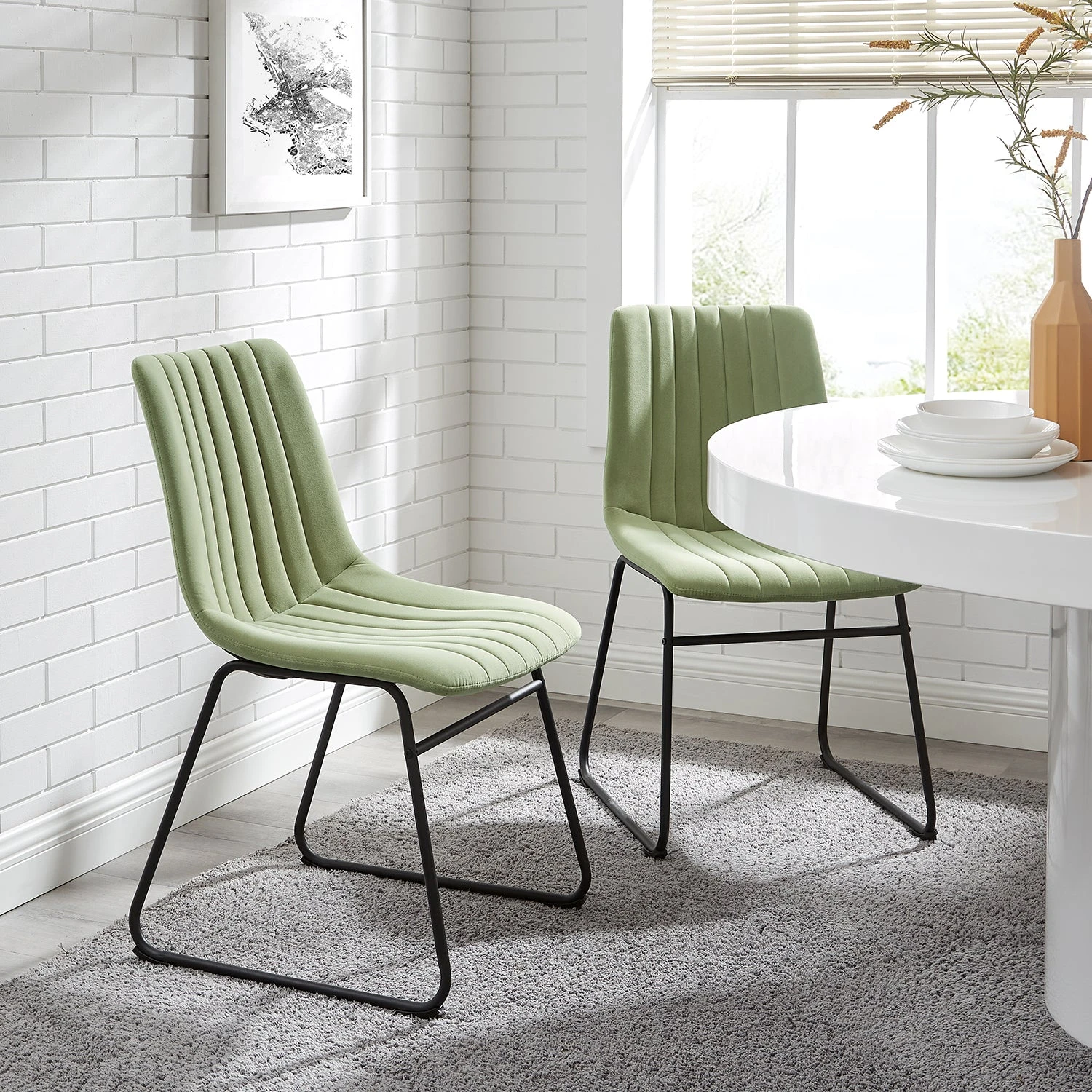 Sutton Set of 2 Sage Green Velvet Fluted Dining Chairs - Modern Vertical Stitching with Metal Frame 1 Sutton Set of 2 Sage Green Velvet Fluted Dining Chairs - Modern Vertical Stitching with Metal Frame