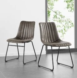 Sutton Set Of 2 Vegan Leather Fluted Dining Chairs With Metal Frame (Steel Grey)