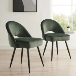 Oakley Set Of 2 Dark Green Velvet Upholstered Dining Chairs With Contrast Piping