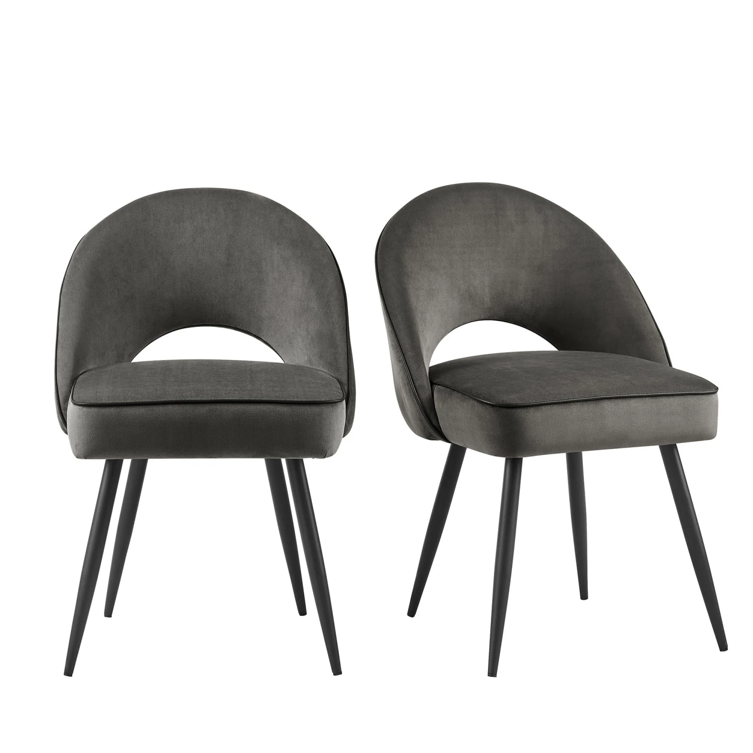 Oakley Set Of 2 Dark Grey Velvet Upholstered Dining Chairs With Piping 2 Oakley Set Of 2 Dark Grey Velvet Upholstered Dining Chairs With Piping - Image 2