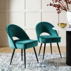 Oakley Set Of 2 Teal Velvet Upholstered Dining Chairs With Contrast Piping
