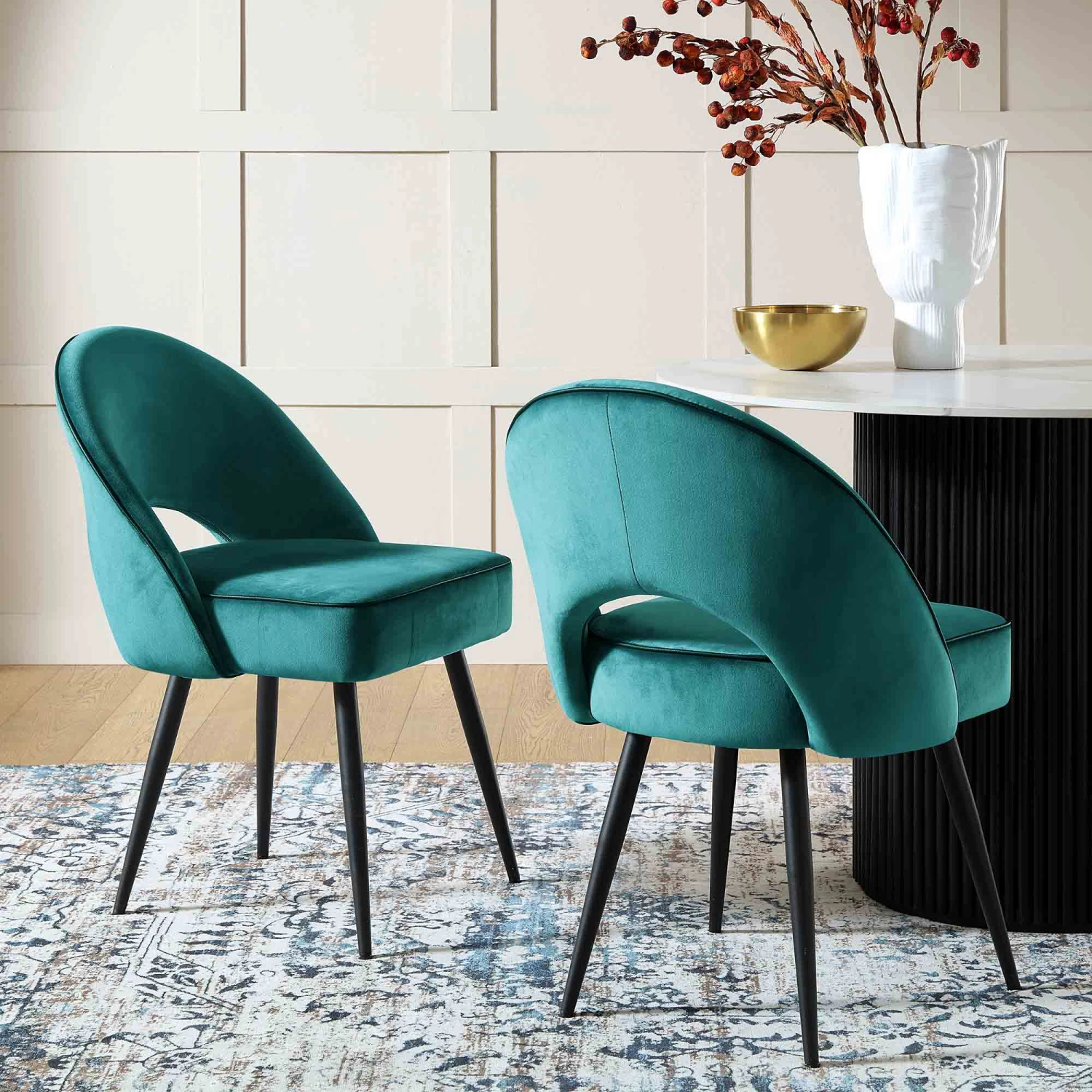 Oakley Set Of 2 Teal Velvet Upholstered Dining Chairs With Contrast Piping 2 Oakley Set Of 2 Teal Velvet Upholstered Dining Chairs With Contrast Piping - Image 2