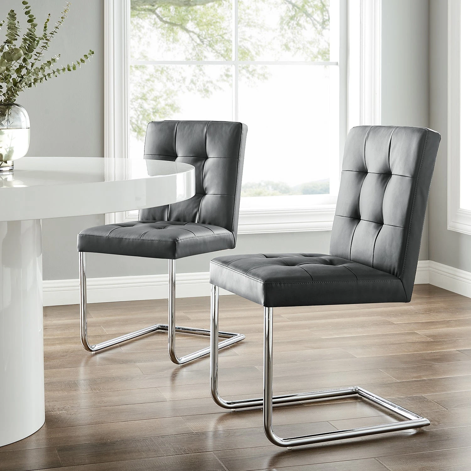 Keyston Set Of 2 Dark Grey PU Leather Upholstered Dining Chairs With Chrome Legs 1 Keyston Set Of 2 Dark Grey PU Leather Upholstered Dining Chairs With Chrome Legs
