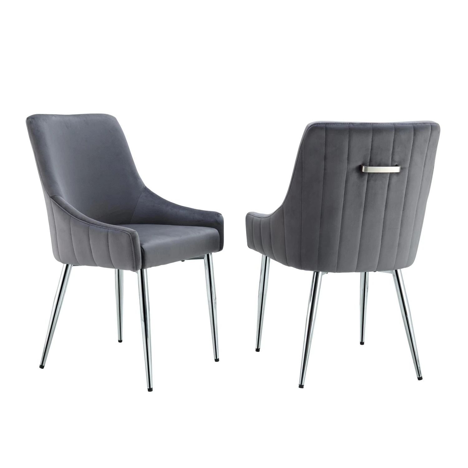 Garnet Set of 2 Dark Grey Velvet Dining Chairs - Modern Fluted Back with Chrome Handle 2 Garnet Set of 2 Dark Grey Velvet Dining Chairs - Modern Fluted Back with Chrome Handle - Image 2