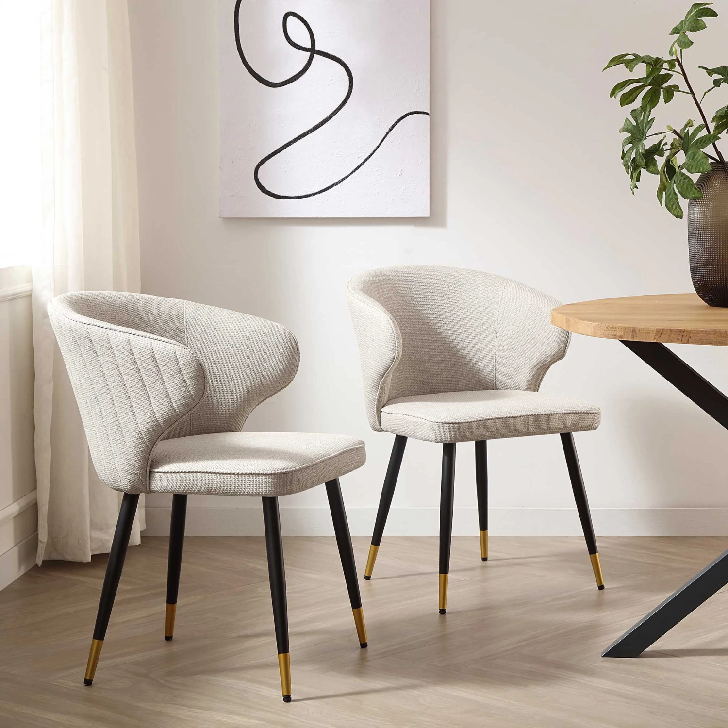 Langham Set Of 2 Oatmeal Woven Fabric Carver Dining Chairs With Fluted Back 1 Langham Set Of 2 Oatmeal Woven Fabric Carver Dining Chairs With Fluted Back