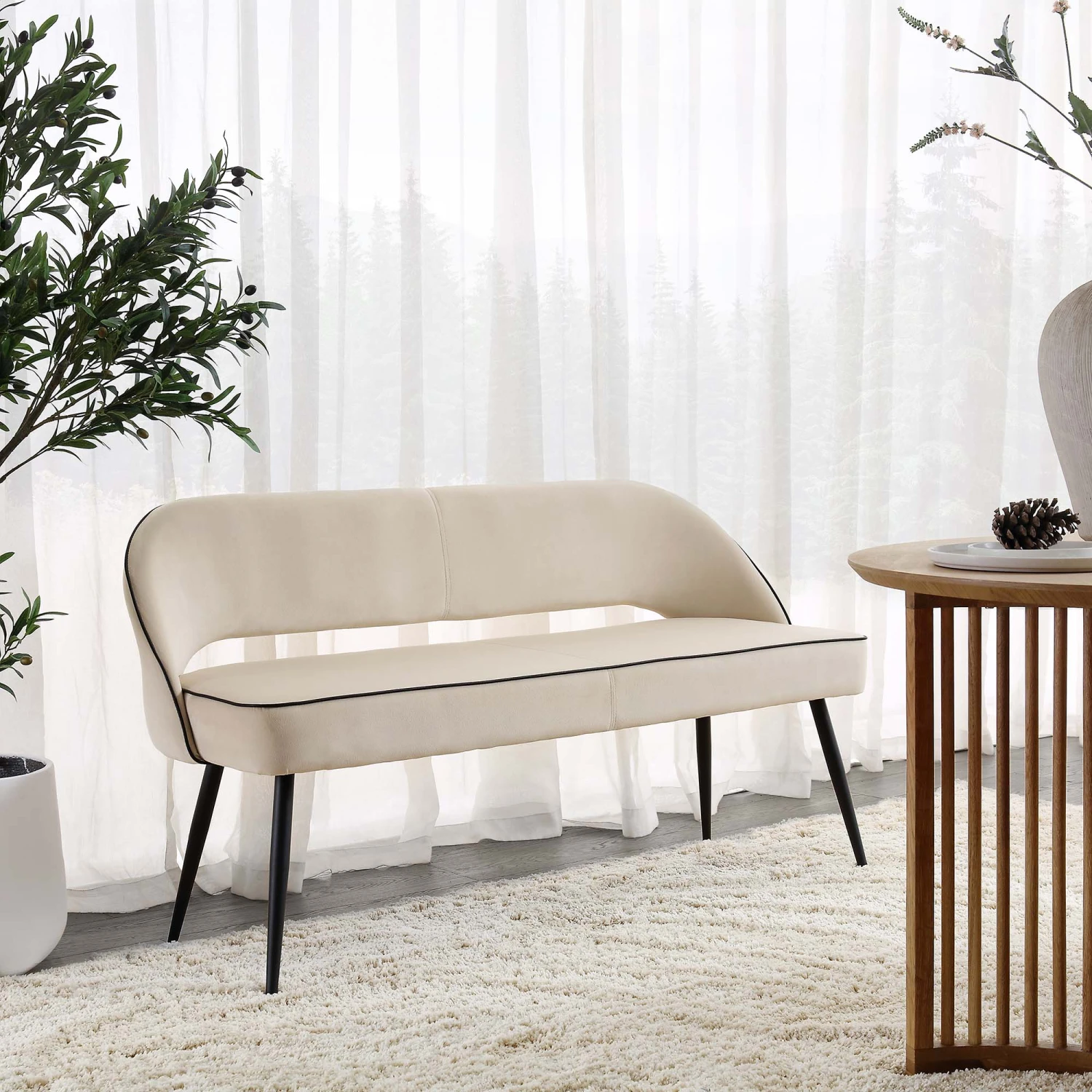 Oakley Champagne Velvet Upholstered 3 Seater Dining Bench With Contrast Piping 1 Oakley Champagne Velvet Upholstered 3 Seater Dining Bench With Contrast Piping