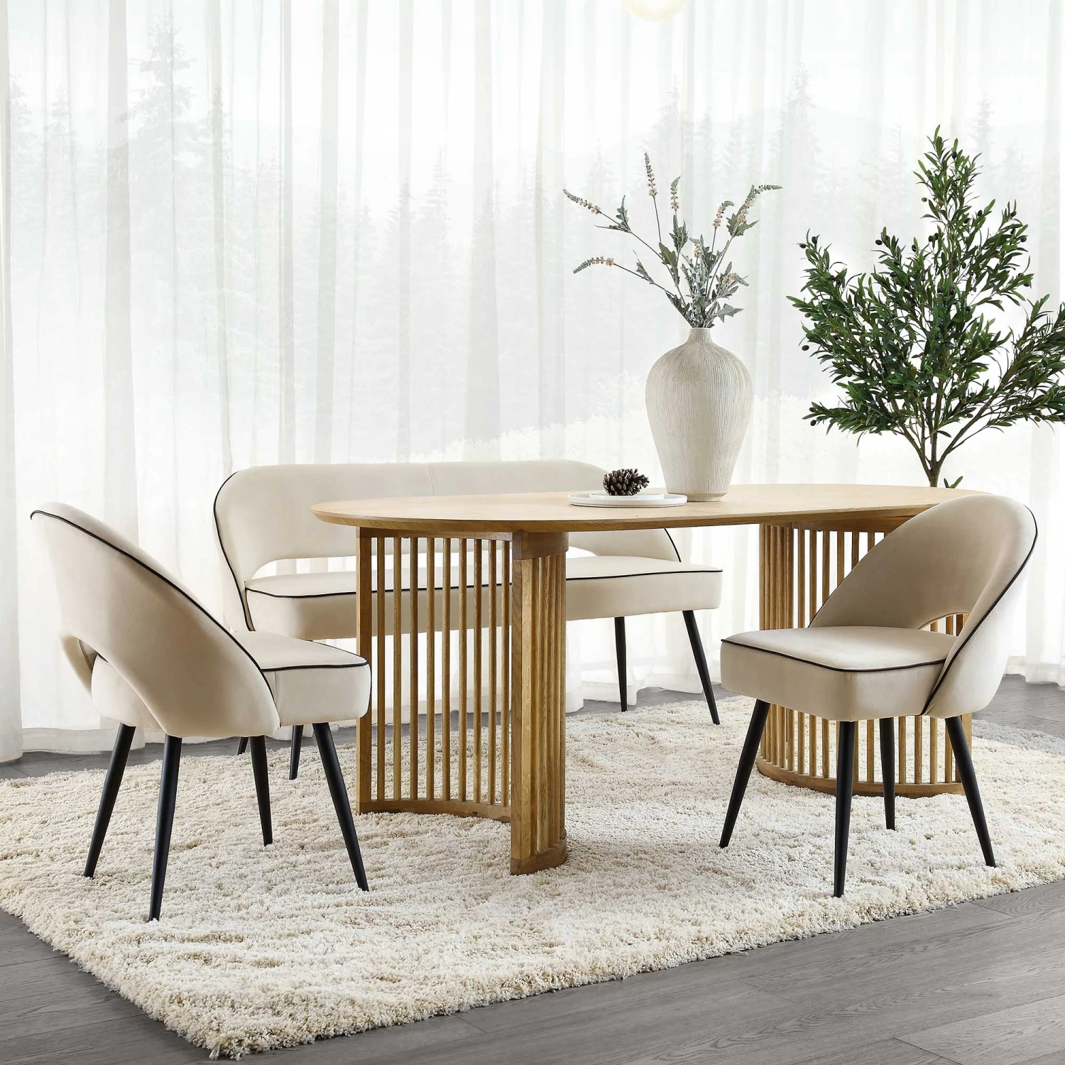 Oakley Champagne Velvet Upholstered 3 Seater Dining Bench With Contrast Piping 2 Oakley Champagne Velvet Upholstered 3 Seater Dining Bench With Contrast Piping - Image 2