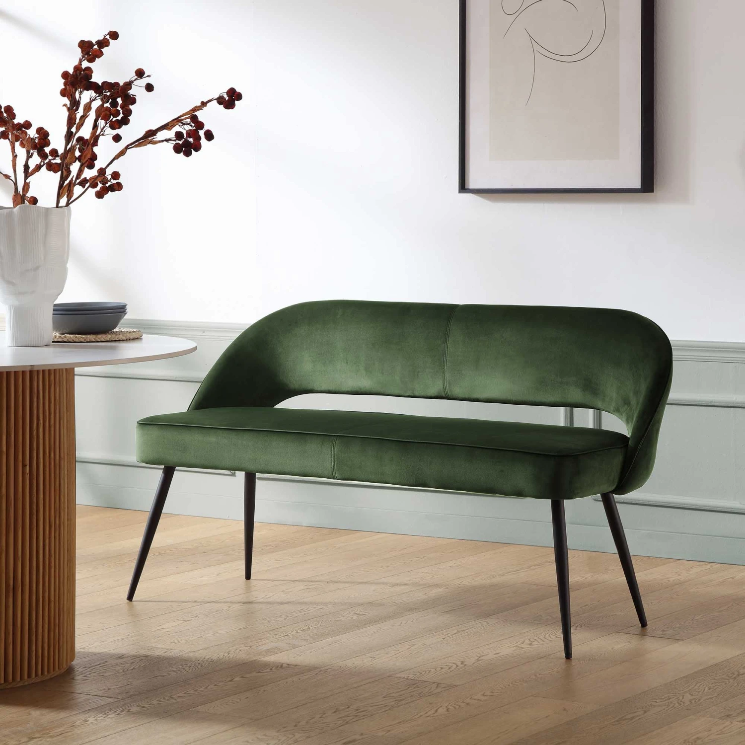 Oakley Dark Green Velvet Upholstered 3 Seater Dining Bench With Contrast Piping 1 Oakley Dark Green Velvet Upholstered 3 Seater Dining Bench With Contrast Piping