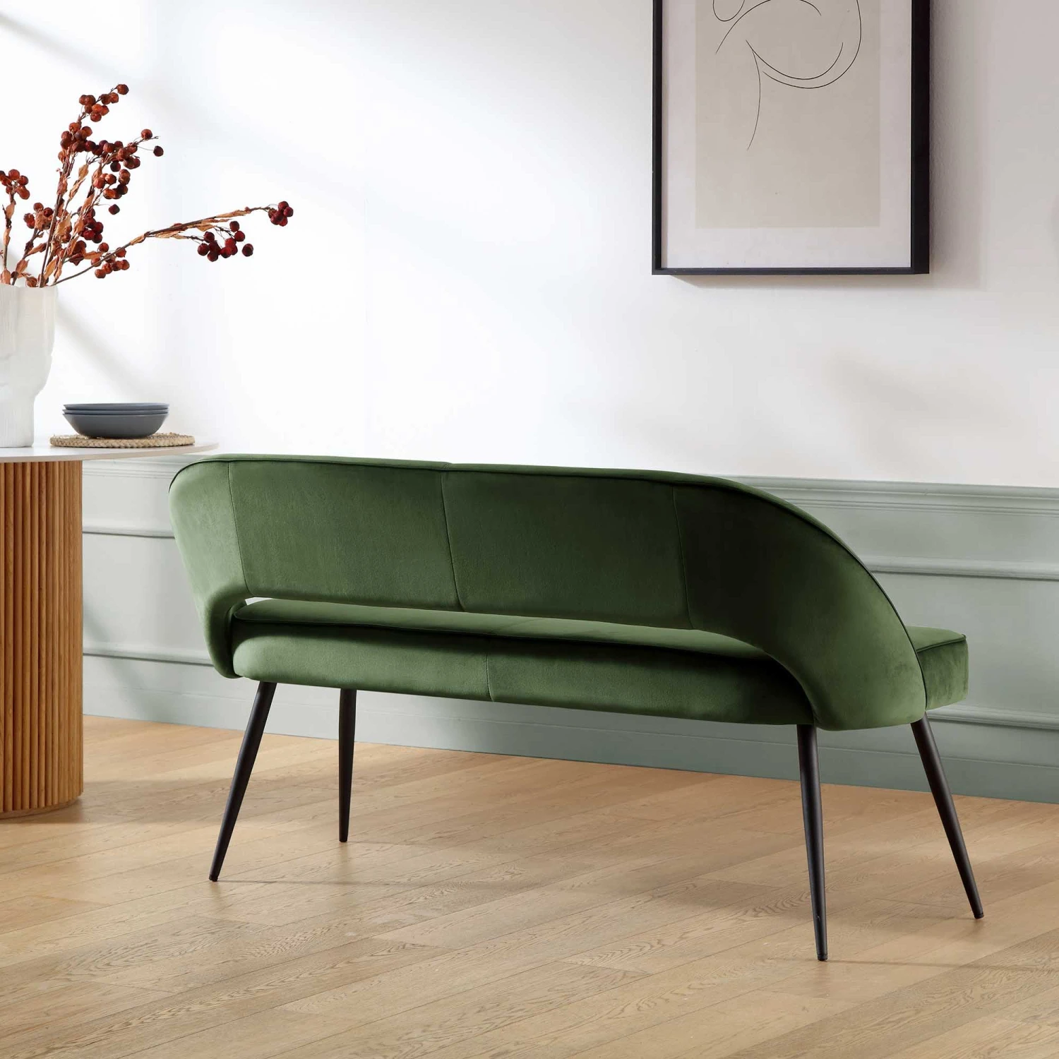 Oakley Dark Green Velvet Upholstered 3 Seater Dining Bench With Contrast Piping 2 Oakley Dark Green Velvet Upholstered 3 Seater Dining Bench With Contrast Piping - Image 2
