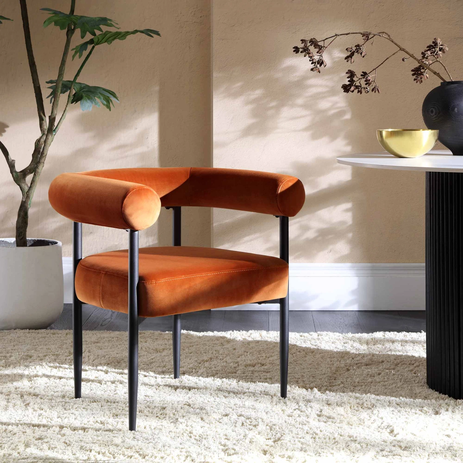 Fulbourn Rust Velvet Dining Chair β Black Tapered Legs & Tubular Wrap-Around Back 1 Fulbourn Rust Velvet Dining Chair β Black Tapered Legs & Tubular Wrap-Around Back