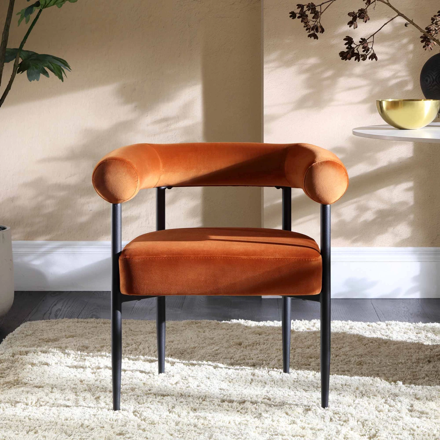 Fulbourn Rust Velvet Dining Chair β Black Tapered Legs & Tubular Wrap-Around Back 2 Fulbourn Rust Velvet Dining Chair β Black Tapered Legs & Tubular Wrap-Around Back - Image 2
