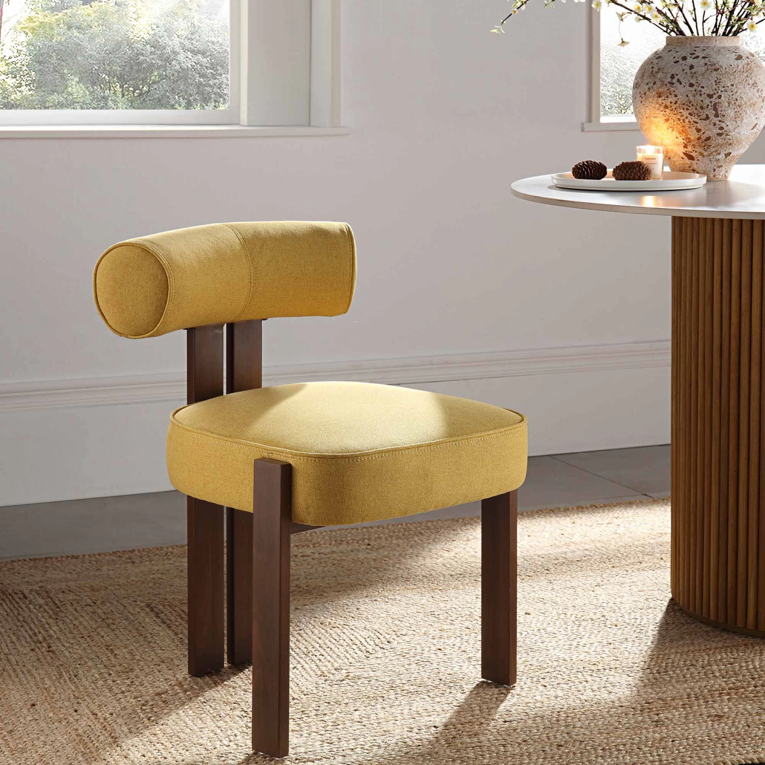 Ophelia Honey Gold Yellow Fabric - Velvet Touch Walnut Metal Frame Curved Dining Chair 1 Ophelia Honey Gold Yellow Fabric - Velvet Touch Walnut Metal Frame Curved Dining Chair