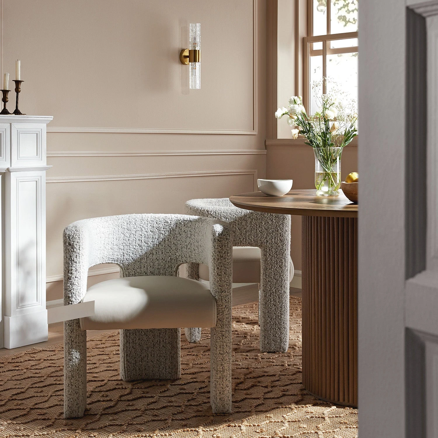 Greenwich Taupe Boucle & Beige Faux Leather Dining Chair - Modern Curved Back Accent Seat 2 Greenwich Taupe Boucle & Beige Faux Leather Dining Chair - Modern Curved Back Accent Seat - Image 2