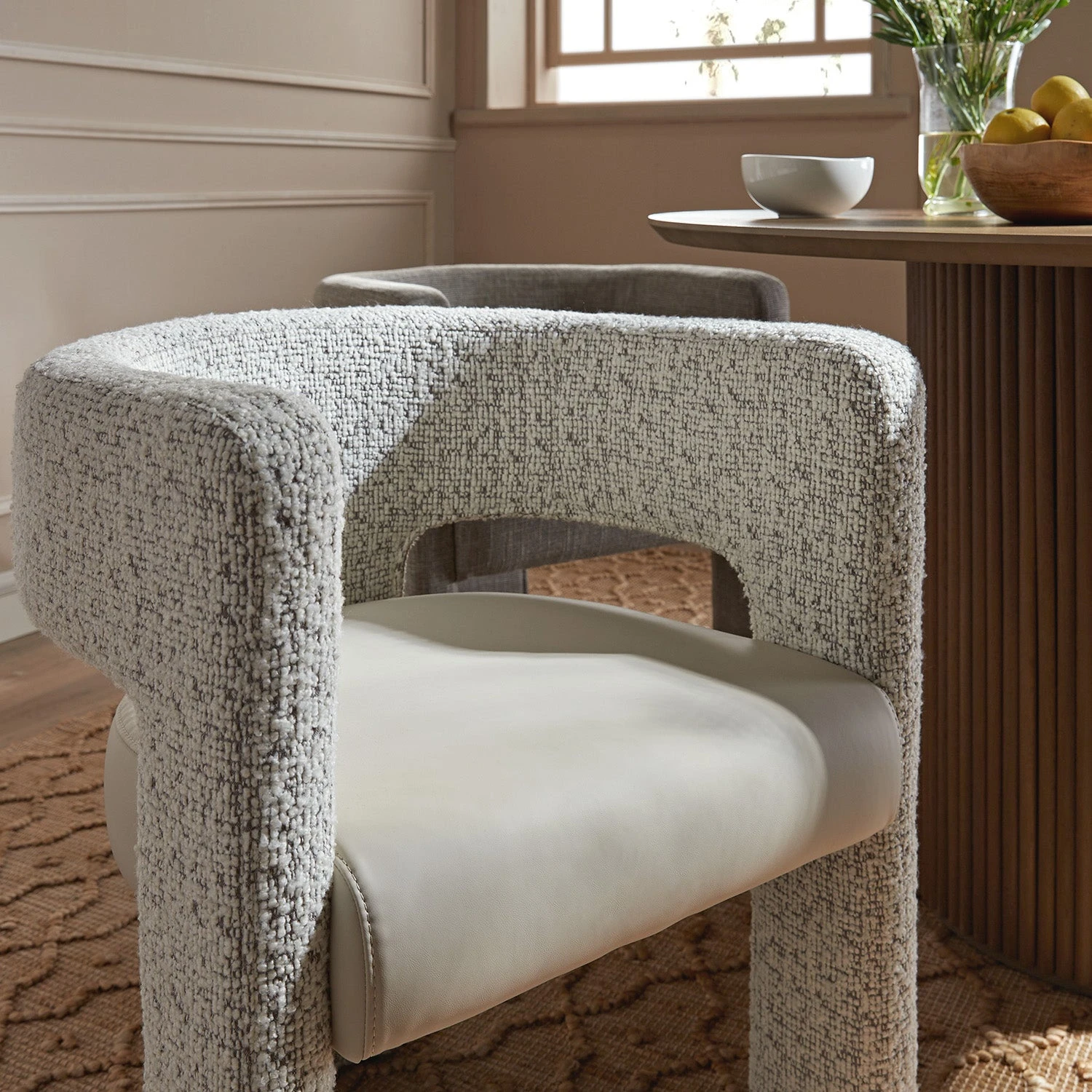 Greenwich Taupe Boucle & Beige Faux Leather Dining Chair - Modern Curved Back Accent Seat 5 Greenwich Taupe Boucle & Beige Faux Leather Dining Chair - Modern Curved Back Accent Seat - Image 5