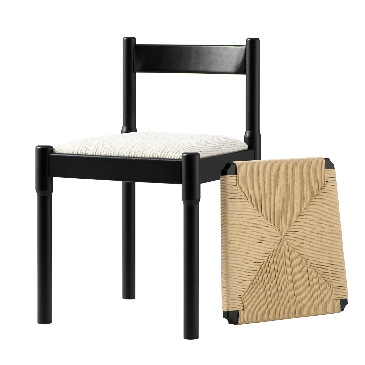 Minley 2-in-1 Solid Beech Dining Chair in Black Matte β Interchangeable Beige Boucle & Woven Cord Seat 1 Minley 2-in-1 Solid Beech Dining Chair in Black Matte β Interchangeable Beige Boucle & Woven Cord Seat