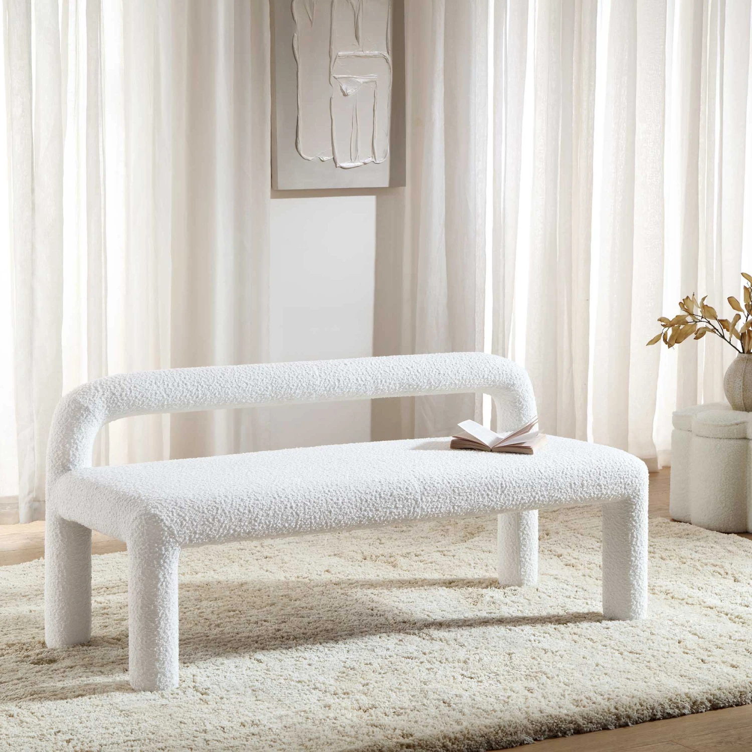 Libby Snow White Boucle 3 Seater Dining Bench β Geometric Sculptural Block Leg Bench 1 Libby Snow White Boucle 3 Seater Dining Bench β Geometric Sculptural Block Leg Bench
