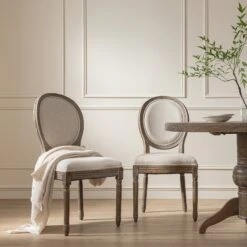 Lainston Set Of 2 Classic Weathered Oak Dining Chairs, Oatmeal Brushed Fabric