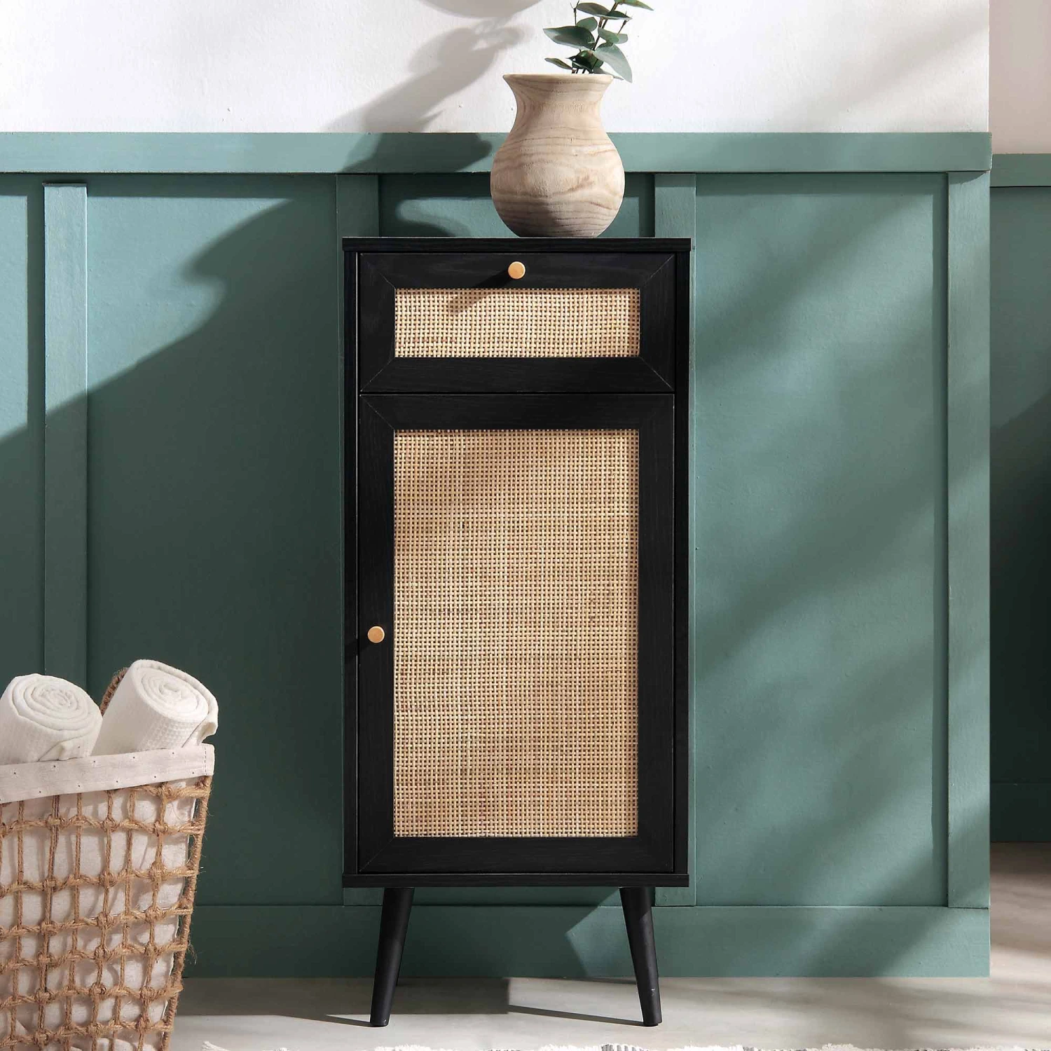 Frances Woven Rattan 1-Door Bathroom Cabinet, Black 2 Frances Woven Rattan 1-Door Bathroom Cabinet, Black - Image 2