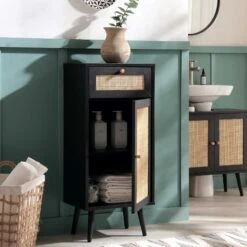Frances Woven Rattan 1-Door Bathroom Cabinet, Black 14 Frances Woven Rattan 1-Door Bathroom Cabinet, Black -Daals Store FT BAC 01 BLACK scene2