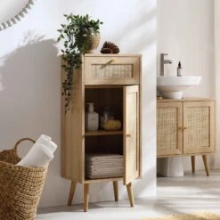Frances Woven Rattan 1-Door Bathroom Cabinet, Natural -Daals Store FT BAC 01 NAT scene2