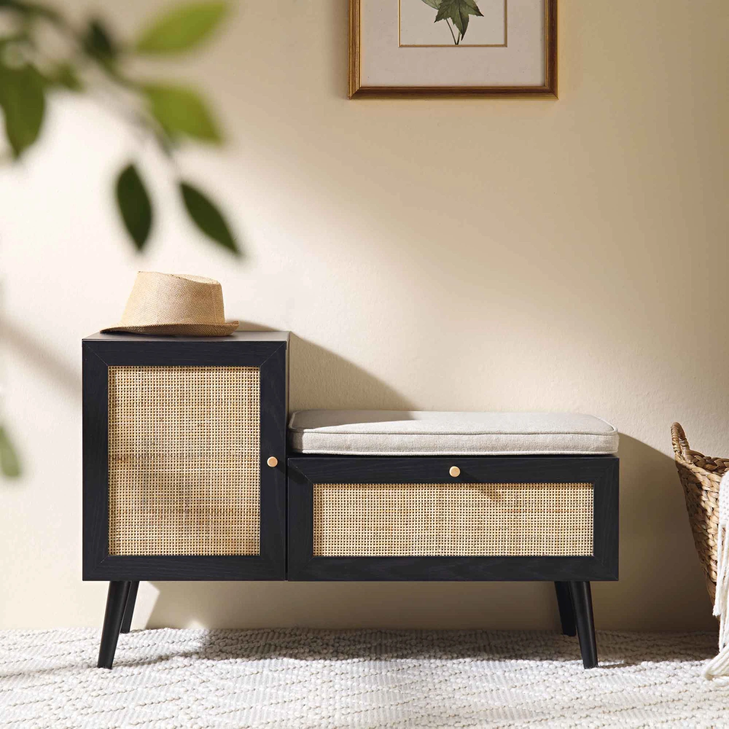 Frances Woven Rattan Storage Bench With Cushion, Black 2 Frances Woven Rattan Storage Bench With Cushion, Black - Image 2