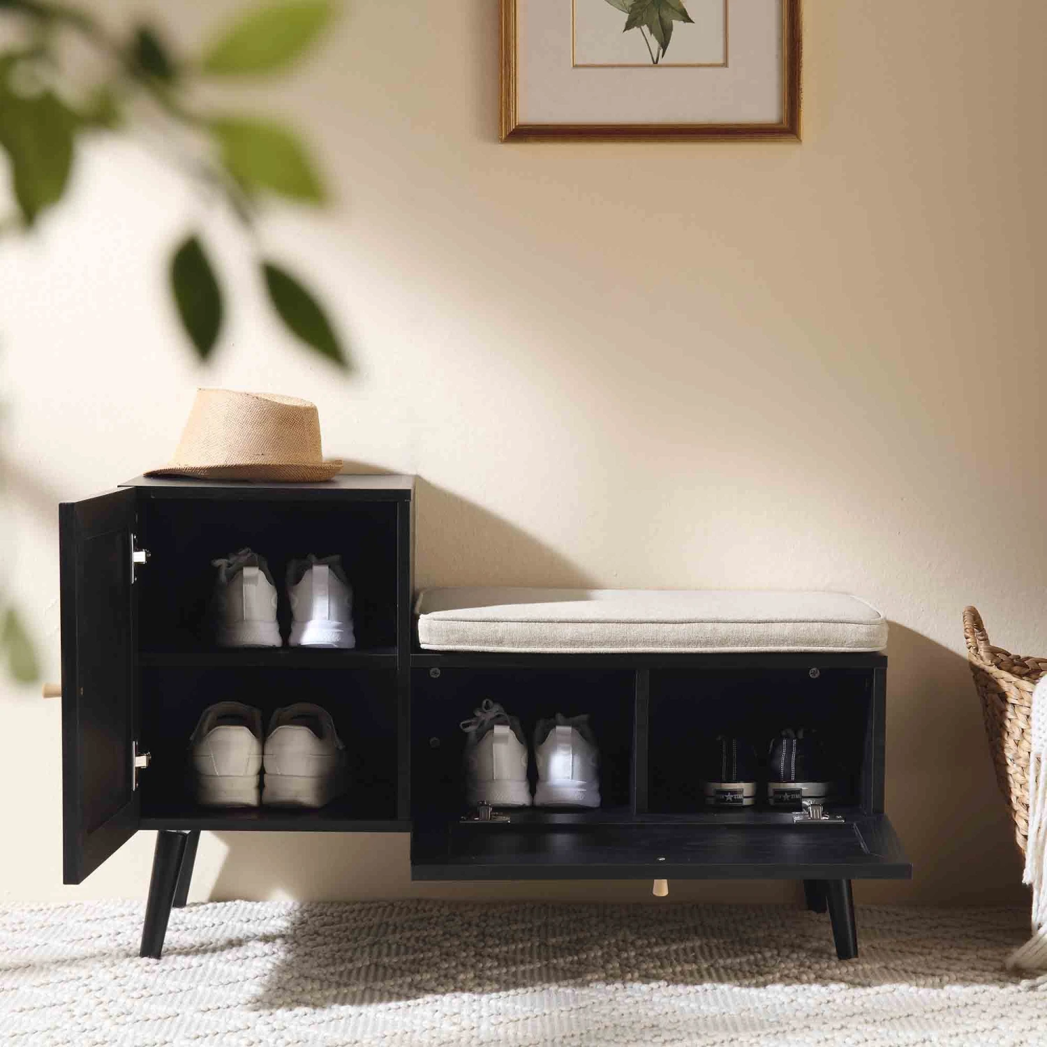 Frances Woven Rattan Storage Bench With Cushion, Black 3 Frances Woven Rattan Storage Bench With Cushion, Black - Image 3