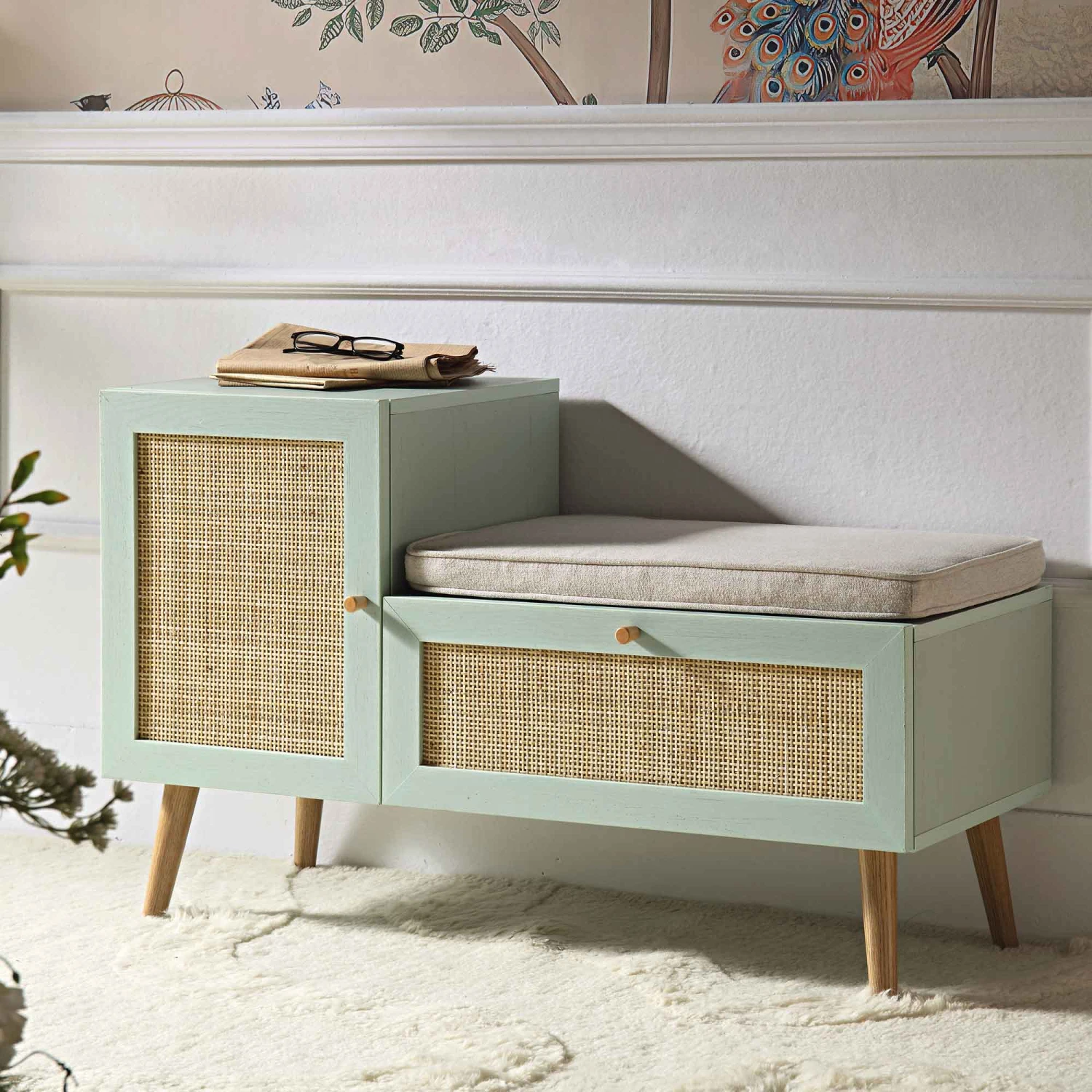 Frances Woven Rattan Storage Bench With Cushion, Mint 1 Frances Woven Rattan Storage Bench With Cushion, Mint