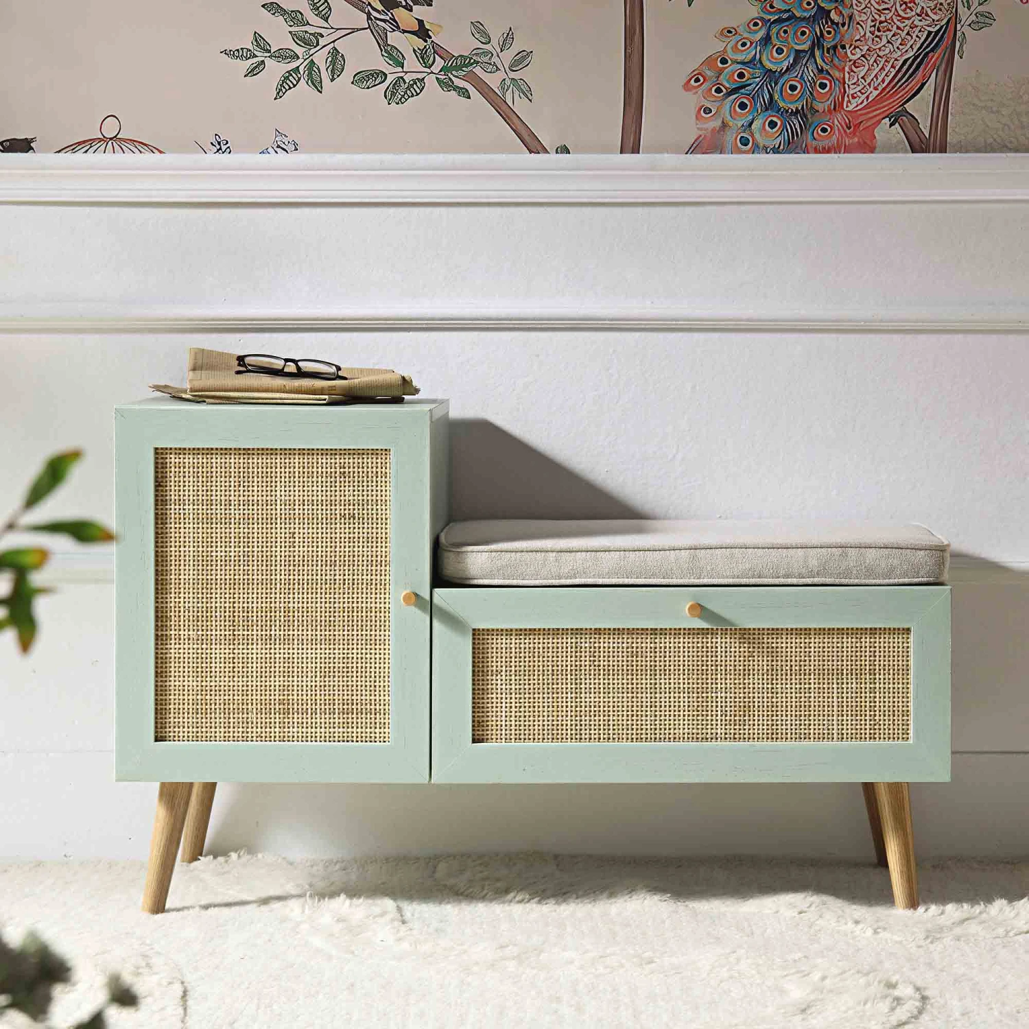 Frances Woven Rattan Storage Bench With Cushion, Mint 2 Frances Woven Rattan Storage Bench With Cushion, Mint - Image 2