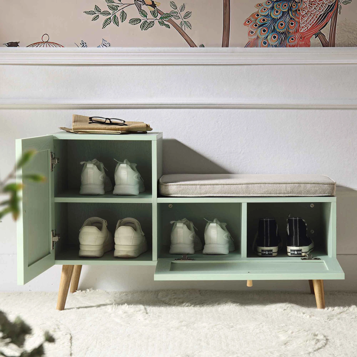 Frances Woven Rattan Storage Bench With Cushion, Mint 3 Frances Woven Rattan Storage Bench With Cushion, Mint - Image 3