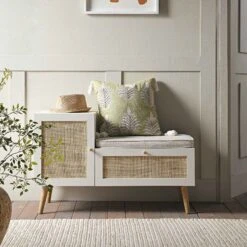 Frances Woven Rattan Storage Bench With Cushion, White