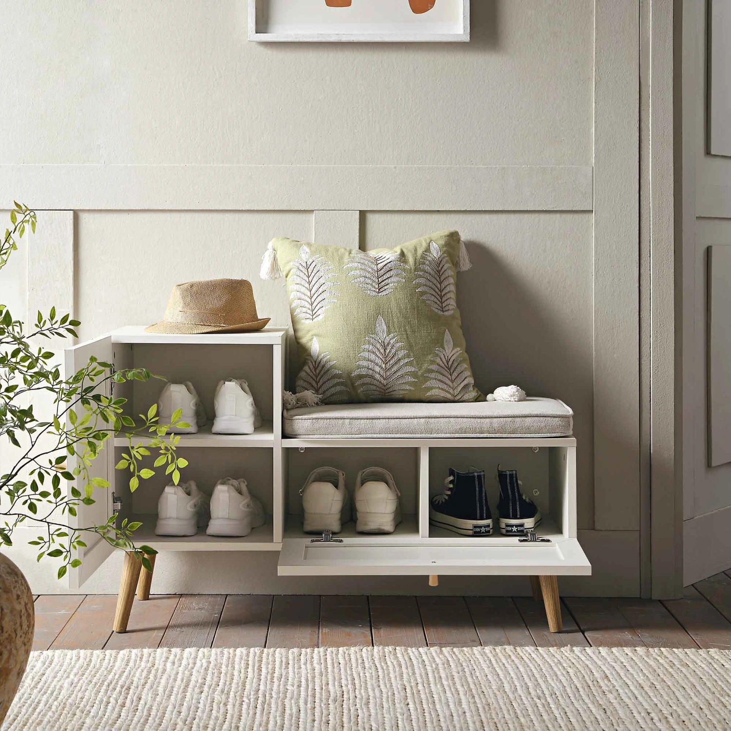 Frances Woven Rattan Storage Bench With Cushion, White 2 Frances Woven Rattan Storage Bench With Cushion, White - Image 2