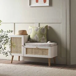Frances Woven Rattan Storage Bench With Cushion, White 16 Frances Woven Rattan Storage Bench With Cushion, White -Daals Store FT BENCH 01 WHITE scene2