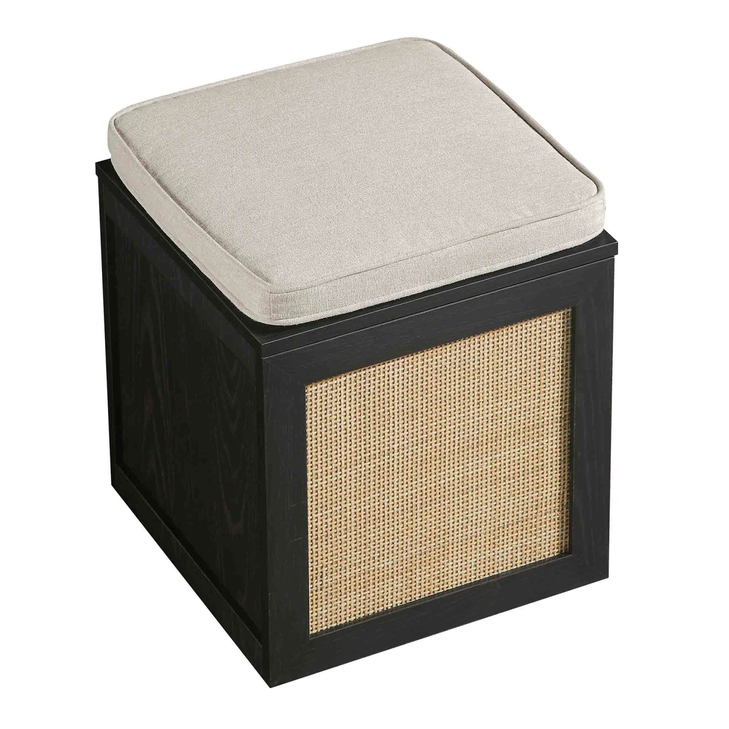 Frances Woven Rattan Single Storage Stool With Cushion, Black 8 Frances Woven Rattan Single Storage Stool With Cushion, Black - Image 8