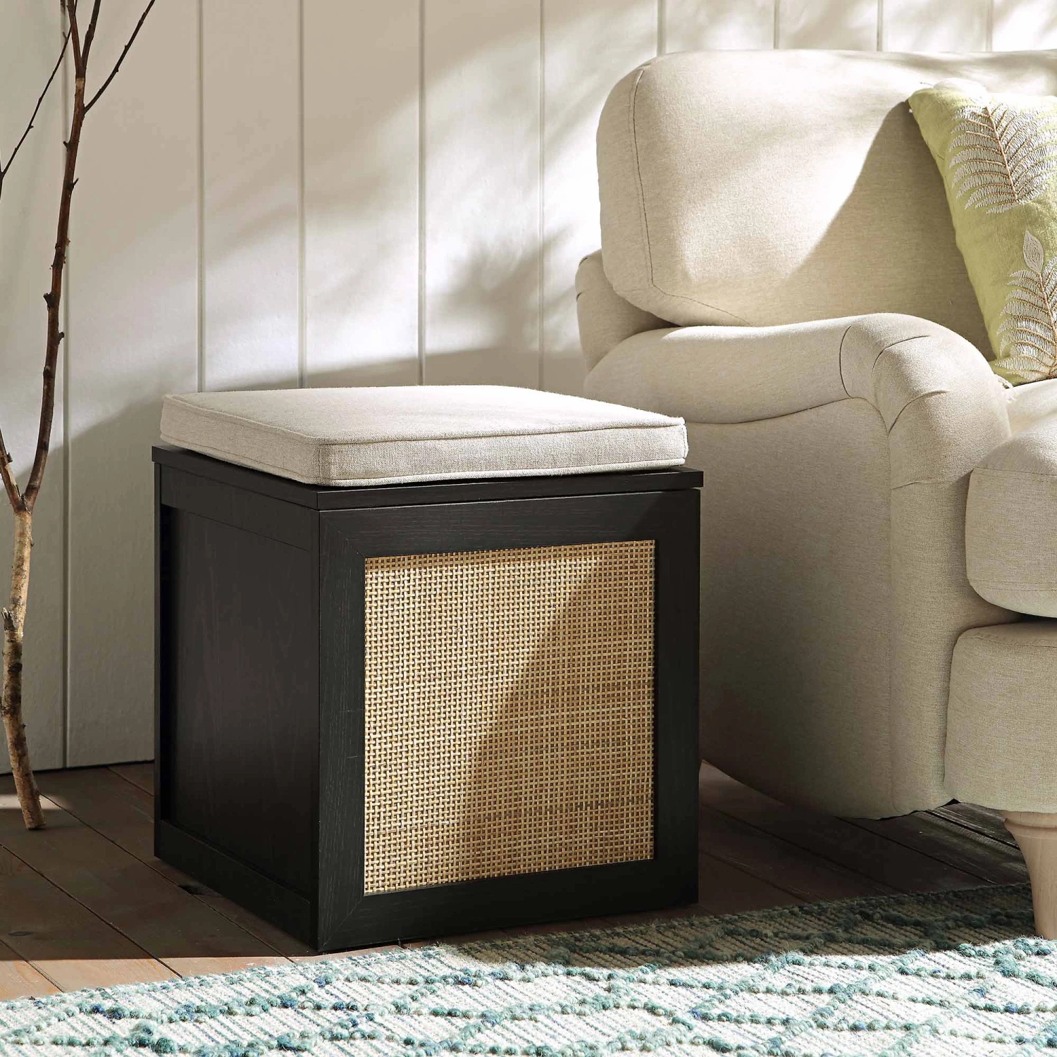 Frances Woven Rattan Single Storage Stool With Cushion, Black 1 Frances Woven Rattan Single Storage Stool With Cushion, Black